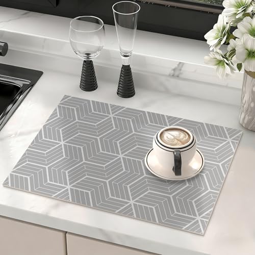 Absorbent Kitchen Counter Mat Fast-Drying Cuttable Coffee Mat Geometric Design for Kitchen Bathroom Pet Feeding Area(Hexagon Grid,Gray)