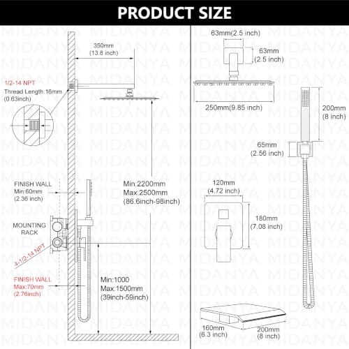 Midanya Shower System with Tub Spout,Bathtub Shower Faucet Set with Square Rainfall Head and Handheld Sprayer Wall Mount Tub Faucet Set with Valve and Trim Kit,10 Inch Matte Black - color: Matte Black, size: 10 Inch