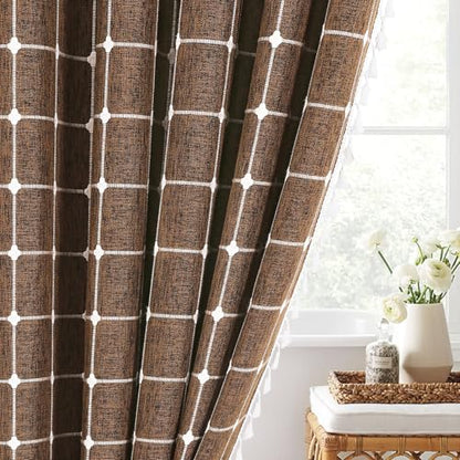 Boho Farmhouse Classic Plaid Linen Tassel Shower Curtain Brown,36x72 | Small Stall Half Size,310GSM Linen Blend Heavy Duty Cloth,3-side Tassels,Wrinkle Resistant,Rustic Bohemian Country design - color: Brown, size: 36"W x 72"L (Pack of 1)