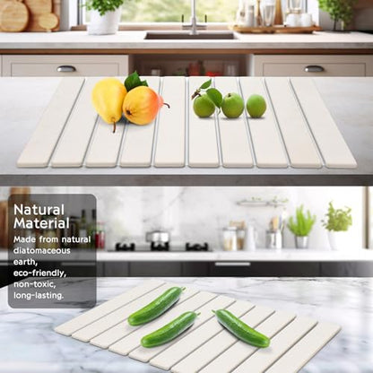 Large Stone Dish Drying Mat for Kitchen Counter, 24"(L)×16"(W) Fast Dry Super Absorbent Collapsible Dish Drying Mats, Eco-Friendly Diatomaceous Earth Mats for Dishes Bottles Cups,Match Any Countertop - size: 24" x 16"