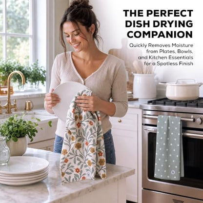 Kitchen Towels, Dish Towels for Kitchen, 2 Pc Kitchen Towel Set | Microfiber Waffle Towels, 16 x 26 inches, with Hanging Loops, Reusable Tea Towels, Cute Kitchen Towels - 2 Pack - color: Green Floral and Dots