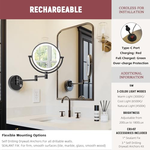 Wall Mounted Makeup Mirror with Lights, Rechargeable, Brass, Matte Black | 2 Sided 1X/5X Magnifying, 3-Colors LED, Touch Dimmable, Memory Function, Extended Arm 360 Rotation, Bathroom Close up Vanity - color: Matt Black