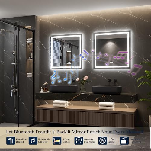 Keonjinn 30 x 30 Inch Lighted Mirrors for Bathroom Wall, Bluetooth Speaker | Frontlit & Backlit LED Mirror for Bathroom, HD Tempered Glass, 3000K/4500K/6000K, Dimmable, Fast & Safe Defogging, CRI90+ - size: 30"L x 30"W