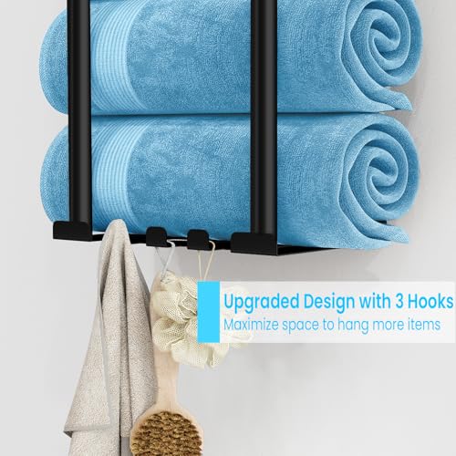 STWWO Bathroom Towel Storage Rack, 31” Towel Organizer with Storage Basket | Metal Bathroom Towel Holder with Shelf, Towel Rack with 3 Hooks for RV, Apt, Small Bathroom, Holds 5 Large Towels, Black