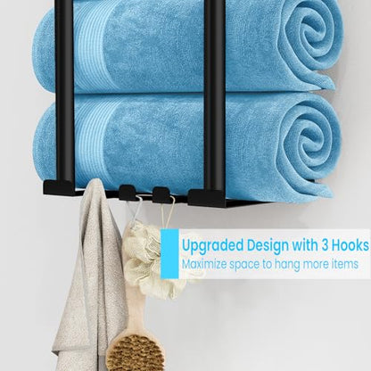 STWWO Bathroom Towel Storage Rack, 31” Towel Organizer with Storage Basket | Metal Bathroom Towel Holder with Shelf, Towel Rack with 3 Hooks for RV, Apt, Small Bathroom, Holds 5 Large Towels, Black