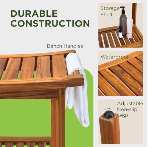 Premium 22" Teak Wood Shower Bench with Shelf, 2-Tier Waterproof | Teak Shower Stool, Non-Slip Feet for Enhanced Safety, Spa Bath Seat for Bathroom, Indoor & Outdoor Use, 300 lb Capacity
