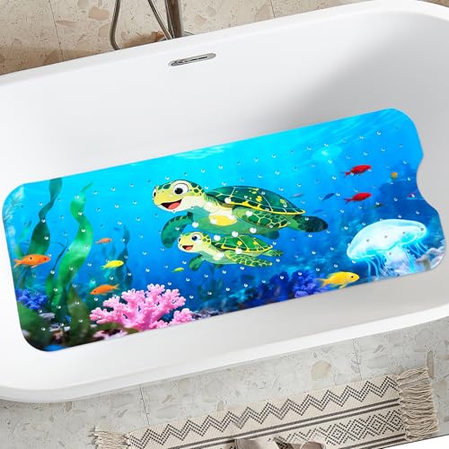 Kids Bathtub Mat Non Slip, 40 * 16in, Bath Mat for Tub, Turtle Design | Anti-Slip, machine washable, Eco Friendly, Funny Design, - color: Dark Blue