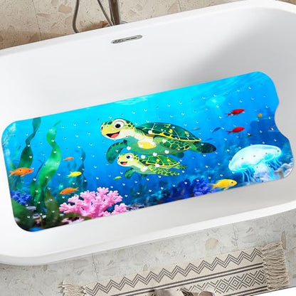 Kids Bathtub Mat Non Slip, 40 * 16in, Bath Mat for Tub, Turtle Design | Anti-Slip, machine washable, Eco Friendly, Funny Design, - color: Dark Blue