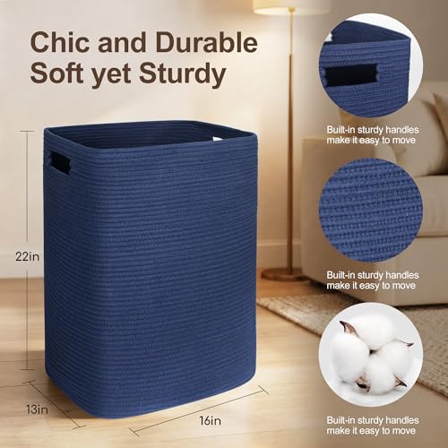 Large Laundry Hamper 16"x13"x22" - Tall Woven Baby Laundry Basket, Cotton Rope Dirty Clothes Hamper Bin, Blanket Storage for Living Room, Nursery Bedroom Aesthetic, Soft Dark Blue Hamper, 75L - color: Blue