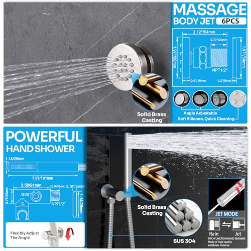 HOMEDEC 16inch Round Ceiling Mounted Full Body Shower System, 3 Way Diverter Valve with 2-Function Handheld Shower and Massage Jets, Brushed Nickel - color: Brushed Nickel, style: 3-Way