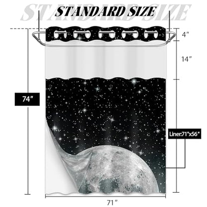 Star Moon Hookless Shower Curtain with Snap in Liner, Space Black and White Watercolor Night Sky Galaxy No Hook Double Layer Shower Curtains and Liner Set, Waterproof Cloth Fabric 71" W X 74" L - color: Black, size: 71"W x 74"L (Pack of 1)
