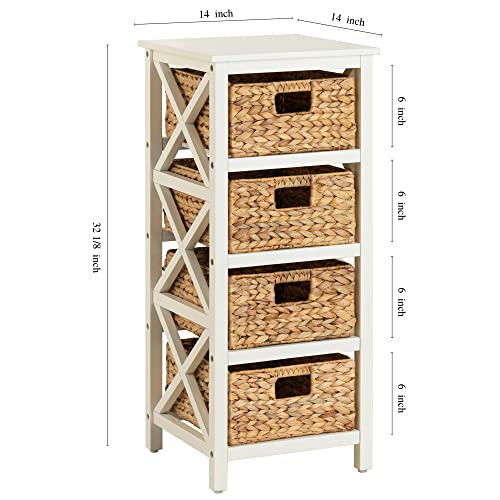 4 Tier X-Side End Storage Cabinet, White | 4 Wicker Baskets, End Table, Side Table - color: White, size: 14"D x 14"W x 32.1"H (4 Drawers)