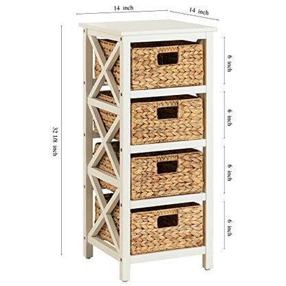 4 Tier X-Side End Storage Cabinet, White | 4 Wicker Baskets, End Table, Side Table - color: White, size: 14"D x 14"W x 32.1"H (4 Drawers)