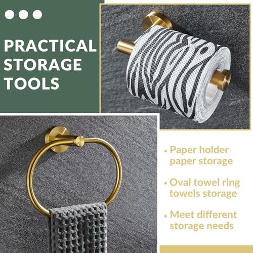 Brushed Gold Bathroom Hardware Set, 2 Pieces, 304 Stainless Steel | Rustproof for Bathroom Restroom Sink, 180° swivel towel ring, Toilet Paper Holder Fits Most Roll Size, Drilling Wall Mounted - color: Brushed Gold Oval Shape