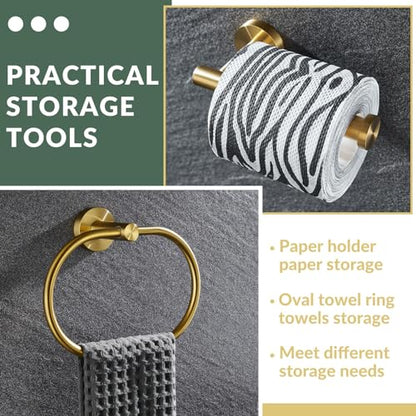 Brushed Gold Bathroom Hardware Set, 2 Pieces, 304 Stainless Steel | Rustproof for Bathroom Restroom Sink, 180° swivel towel ring, Toilet Paper Holder Fits Most Roll Size, Drilling Wall Mounted - color: Brushed Gold Oval Shape