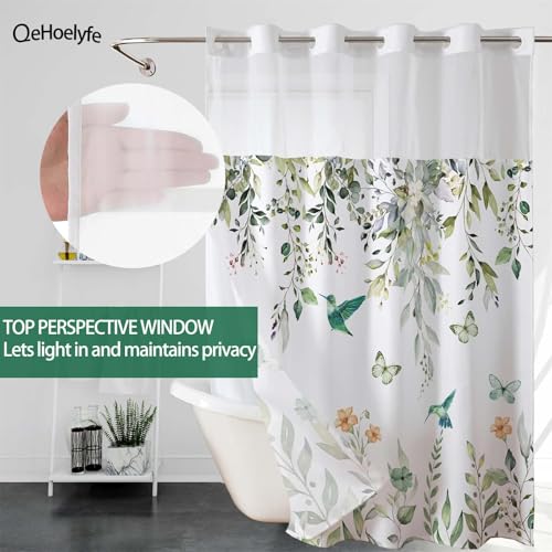 Sage Green Eucalyptus No Hook Shower Curtain with Snap in Liner- Hummingbird Shower Curtains for Bathroom- Fabric Inner Liner, Garden Butterflies Bath Curtains- Machine Washable,71 x 74 - color: Green Hummingbird