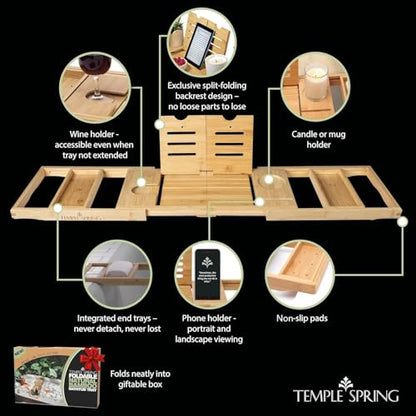 Foldable Bamboo Bathtub Tray Caddy for Tub — Expandable One-Piece Wood Bath Table with Wine Holder Book Stand and Non-Slip Pads — Space-Saving Bath Caddy — Housewarming - color: Foldable Wood Bamboo
