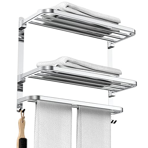 CAXIMSY 22.8Inch Towel Rack for Bathroom and Lavatory Towel Hanger with Wall Mount Towel Bars 304 Stainless Steel No Drill (Collapsible Towel Rack) - color: Collapsible Towel Rack With Double Shelves