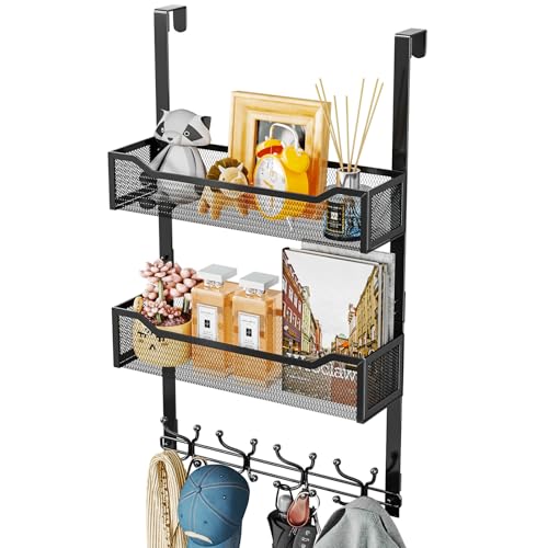 SWTYMIKI Over The Door Hooks Organizer - Multi-Functional Door Hanger with 16 Hooks & 2 Mesh Baskets, Long Coat Rack for Bathroom, Bedroom, Living Room, Home Storage Organizer, Black - color: Black