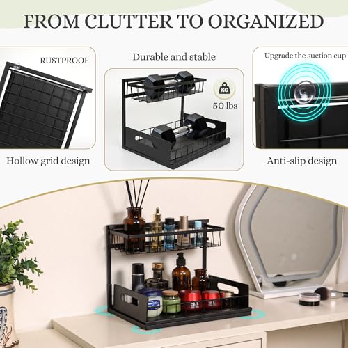 Under Sink Organizer 2-Pack – Pull Out Sliding Storage Rack, L-Shaped Design for Kitchen & Bathroom Cabinet, Heavy-Duty Steel, Easy Install, Black
