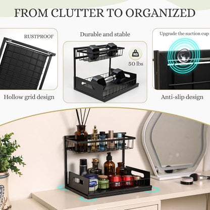 Under Sink Organizer 2-Pack – Pull Out Sliding Storage Rack, L-Shaped Design for Kitchen & Bathroom Cabinet, Heavy-Duty Steel, Easy Install, Black