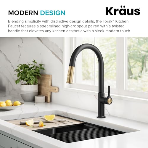 KRAUS Torak Pull Down Kitchen Faucet in Spot-Free Brushed Brass/Matte Black with 2 Function Sprayer, Pre-Attached Water Lines, and Mounting Hardware, KPF-2840SFBBMB - color: Spot Free Brushed Brass/Matte Black, style: Pull-Down Faucet