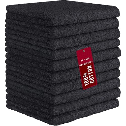 100% Cotton Washcloths 12x12 in, Black (10 Pack) - color: Black