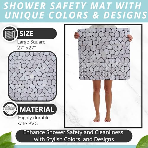 ENKOSI Square Shower Mat 27x27 inch - Anti Slip Shower Stall Floor Mat - Non Slip Shower Mats with Strong Secure Suction Cups and Drain Holes in Middle (27x27 Pebble) - color: Pebble