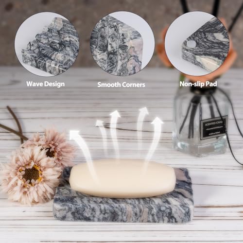 2 Pcs Soap Holder for Bathroom, Marble Soap Dish for Kitchen Countertop, Soap Tray with Creative Wavy Design, Saver for Bath Tub, Sponges, Italian Natural Stone(Rosso Luana) - color: Rosso Luana