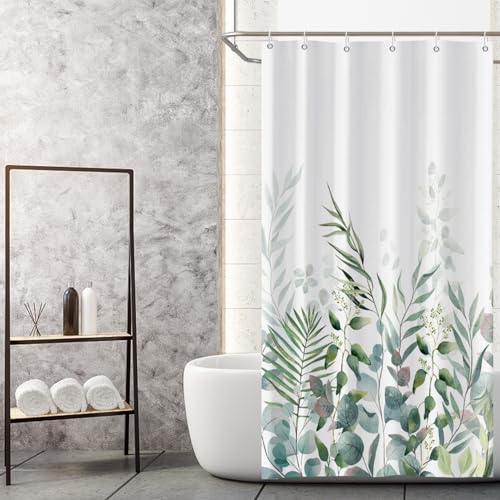 AWERT Shower Curtain Plants for Bathroom,Waterproof Quick-Drying Green Leaves Shower Curtain Set with Hooks 48x72 Inch - color: Green and Magenta, size: 48"W x 72"L (Pack of 1)