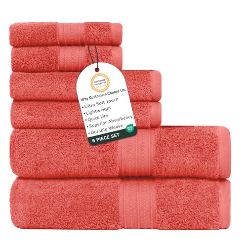 Feather & Stitch 100% Cotton Bath Towel Set of 6, 625 GSM Ultra Soft Highly Absorbent 2 Bath Towels, 2 Hand Towels & 2 Washcloth - Luxury Quick Dry Shower Towels. (Fresh Salmon) - color: Fresh Salmon