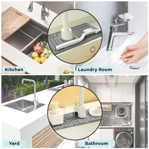 Daily Treasures 15.7"x4.7" Silicone Faucet Splash Guard With Brush, 5° Large Slope Sink Splash Guard Mat For Bathroom And Kitchen Sink (Green)