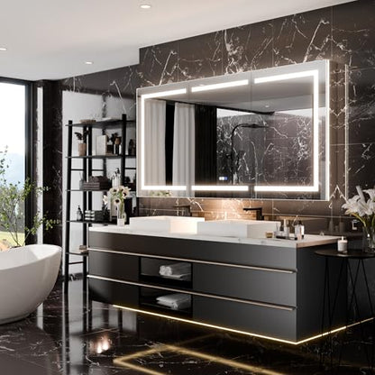 Luxury 72" Wall-Mounted LED Bathroom Medicine Cabinet, Outlets, Anti-Fog | Surface-Mount/Recessed, Double-Sided Mirror Cabinet, 3 Color Temp, DTC Silent-Close Hinges, Adjustable Tempered Glass Shelfs - size: 72"W x 36"H