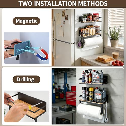 Magnetic Paper Towel Holder with Shelf - 2 Pack Strong Magnetic Spice Rack for Refrigerator Fridge RV(Wall Mount or Magnet) - color: Black-m