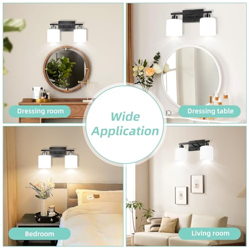 SILAMPDI 2-Light Bathroom Lighting Fixtures, Black Modern Vanity Lights Wall Lamp with Milky White Glass Shades for Mirror Kitchen Living Room Hallway Cabinet Porch, Bulbs Not Included - color: Black-2Light