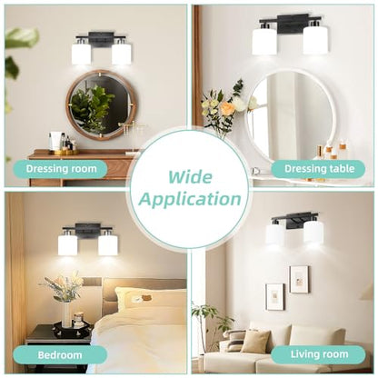 SILAMPDI 2-Light Bathroom Lighting Fixtures, Black Modern Vanity Lights Wall Lamp with Milky White Glass Shades for Mirror Kitchen Living Room Hallway Cabinet Porch, Bulbs Not Included - color: Black-2Light