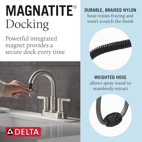 Delta Nicoli Centerset Brushed Nickel Bathroom Faucet with Sprayer, 4 Inch 3 Hole Bathroom Sink Faucet with Pull Out Sprayer, Push-Pop Drain, Stainless 25749LF-SSPD