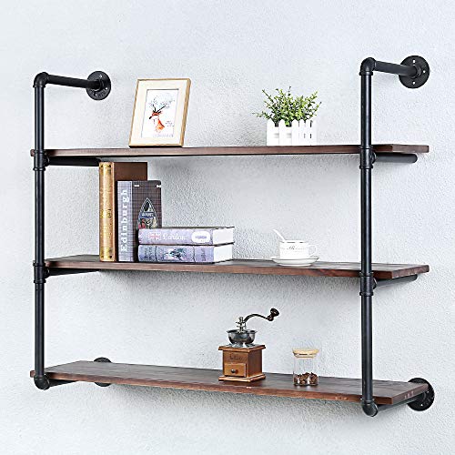 Industrial Pipe Shelves With Wood Planks,Rustic Pipe Shelving Wall Shelf | Metal Pipe Solid Pine Wood,Easy to Assemble,Wooden Board Thickness 0.78 In,For Bar Farmhouse Kitchen Office Bathroom,Bedroom - color: 3-layer, size: 42in