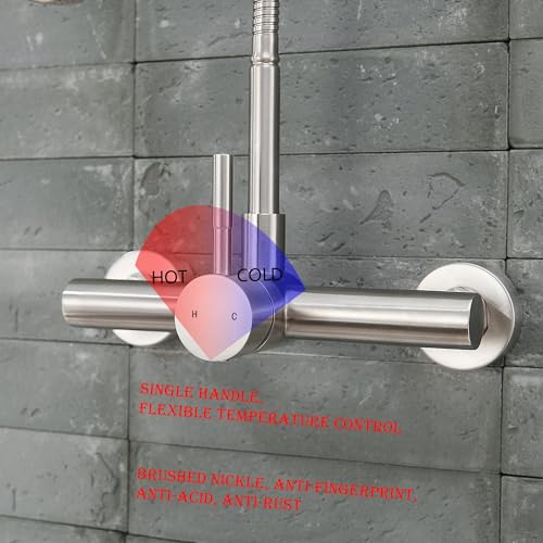 Wall Mount Kitchen Sink Faucet 8 Inch Center with Flexible Sprayer,Stainless Steel Mixer Tap with Dual Function Sprayer,Nickel Brushed Unility Sink Faucet - color: C Style, Nickel Brushed