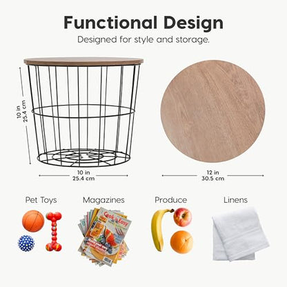 IRIS USA Round Wire Basket with Wooden Lid, 2 Pack | Living Room Bathroom Kitchen Storage, Water Resistant Surface - style: Round- 2 Pack