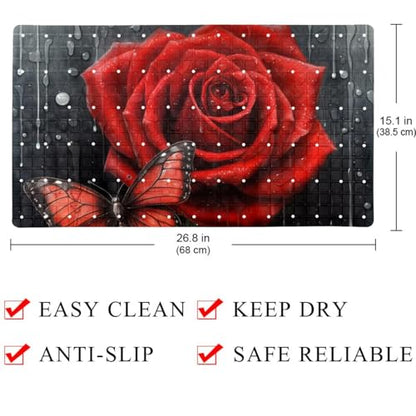 Non Slip Bathtub and Shower Mat 26.8x15.1 inch, Bath Mat with Quick Dry Drain Holes and Suction Cups, Soft Comfortable Safe Bathroom Mat for Bath Tub, Rose Butterflies - color: Multi 9