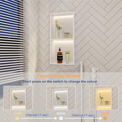 White 2-Tier 3 CCT LED Niche, 12"x24" No-Tile Shower Storage | shower niche with 3-Temperature LED Strip Light (4000K/6000K/3000K),Waterproof, Sturdy&Durable,304 Stainless Steel Wall Niche - color: White, size: 12X24In