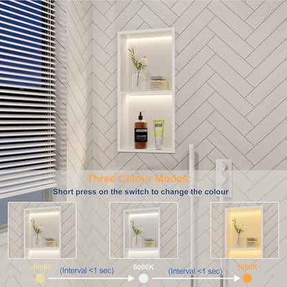 White 2-Tier 3 CCT LED Niche, 12"x24" No-Tile Shower Storage | shower niche with 3-Temperature LED Strip Light (4000K/6000K/3000K),Waterproof, Sturdy&Durable,304 Stainless Steel Wall Niche - color: White, size: 12X24In