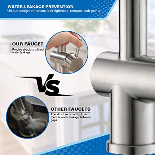 VFAUOSIT Commercial Kitchen Faucet with Pull Down Sprayer, Brushed Nickel | Dual Outlets, Tilted Pot Filler, 360° Rotation, cUPC/CEC Certified, Fingerprint-Resistant Finish, 500,000-Cycle Valve - color: Brushed Nickel-02