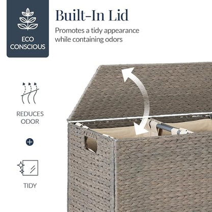 Best Choice Products Large Double Laundry Hamper with Lid, Natural Handwoven Water Hyacinth, 2 Sections w/ 2 Machine Washable Linen Liner Bags, Portable, Handles - Gray - color: Gray