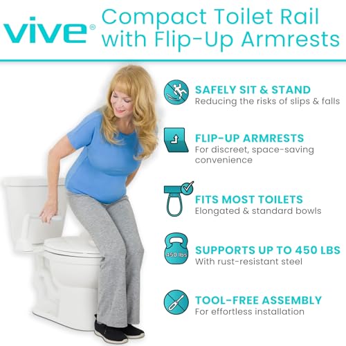 Vive Toilet Safety Rail with Flip-Up Handles - 450 lb Capacity Senior | Safety Frame for Elderly & Disabled - Handicap Grab Bar Riser Stand Assist with Arms for Bathroom Assistance & Raised Toilets