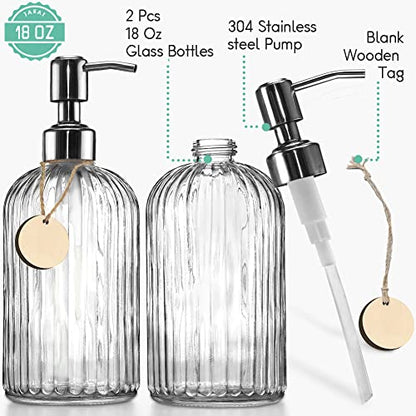 JASAI 2PACK 18 Oz Glass Soap Dispenser with Rust Proof Stainless Steel Pump | Refillable Hand Soap Dispenser with Vertical Stripe, Premium Bathroom soap Dispenser for Kitchen & Bathroom. - color: Clear-2p, size: 2 Pack