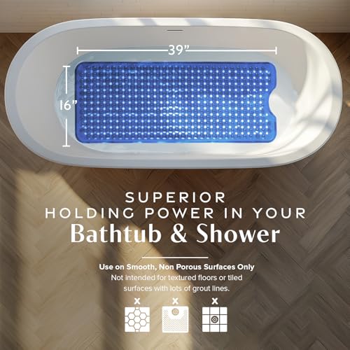 SlipX Solutions 39"x16" Power Grip Non Slip Bathtub Shower Mat, Blue | Stronger Wet Surface Protection, Soft Under Foot, 265+ Suction Cups, Large Drainage Holes - color: Clear Blue