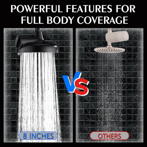 Rain Shower Head with Extension Arm, 8 Inch High Pressure Rainfall Showerhead with 3 Spray Modes, Extended Shower Head with Filters for Hard Water, Height and Angle Adjustable (Black)
