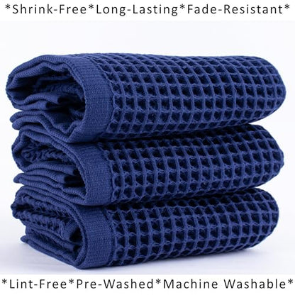 PÜSKÜL Natural 100% Turkish Cotton Waffle Hand and Kitchen Towels Set of 3 | Navy Blue, Large 32x16 inc, Honeycomb-Waffle weave towel for bathroom & kitchen. Premium quality oeko-tex made in Turkey. - color: Navy Blue, size: Kitchen & Hand Towels Pack of